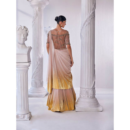 MANDIRA WIRK Peach and Gold Draped Gown with Attached Dupatta