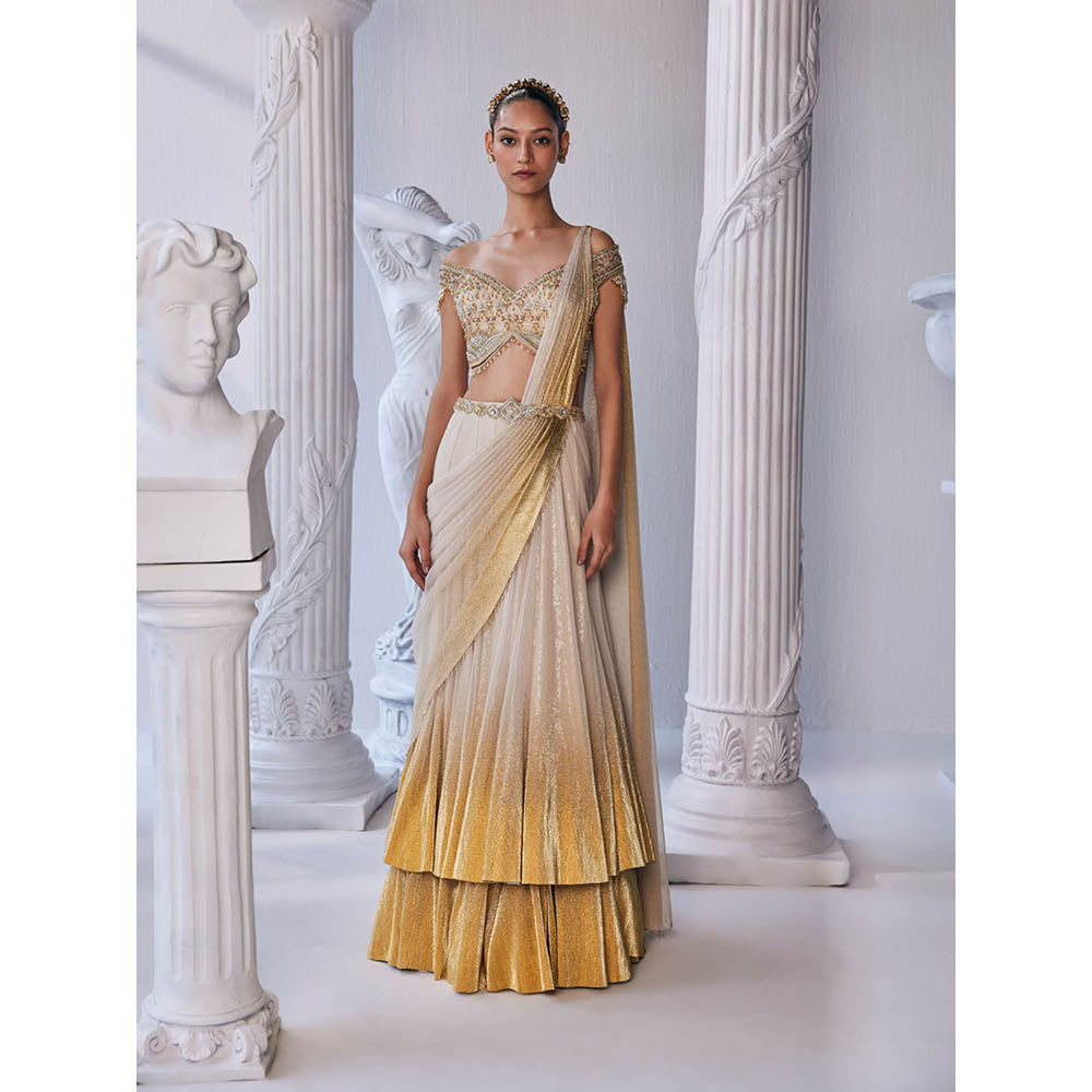 MANDIRA WIRK Cream and Golden Top with Skirt (Set of 3)