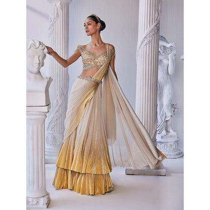 MANDIRA WIRK Cream and Golden Top with Skirt (Set of 3)