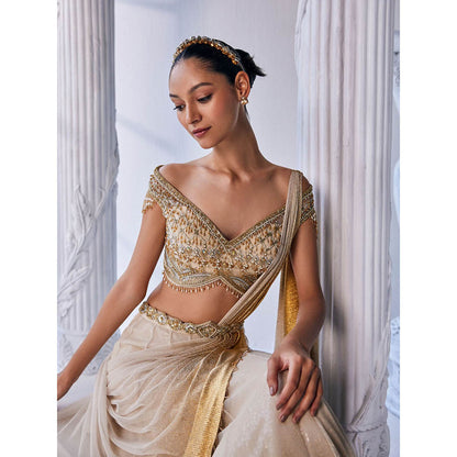 MANDIRA WIRK Cream and Golden Top with Skirt (Set of 3)
