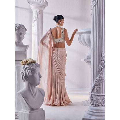 MANDIRA WIRK Peach Saree with Stitched Blouse and Belt