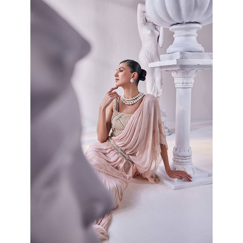 MANDIRA WIRK Peach Saree with Stitched Blouse and Belt