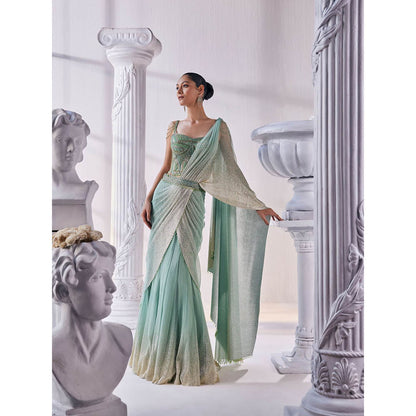 MANDIRA WIRK Pista And Gold Top with Skirt (Set of 3)