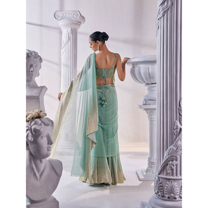 MANDIRA WIRK Pista And Gold Top with Skirt (Set of 3)