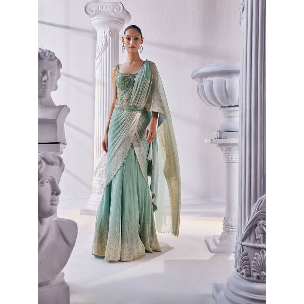 MANDIRA WIRK Pista And Gold Top with Skirt (Set of 3)