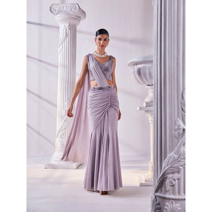 MANDIRA WIRK Purple Saree with Stitched Blouse and Belt
