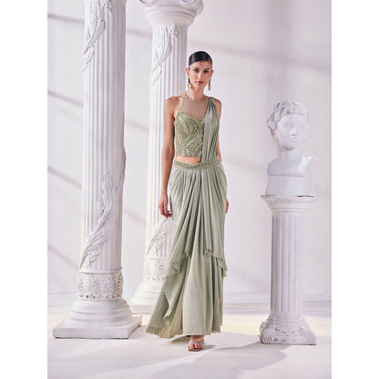 MANDIRA WIRK Jade Green Saree with Stitched Blouse and Belt