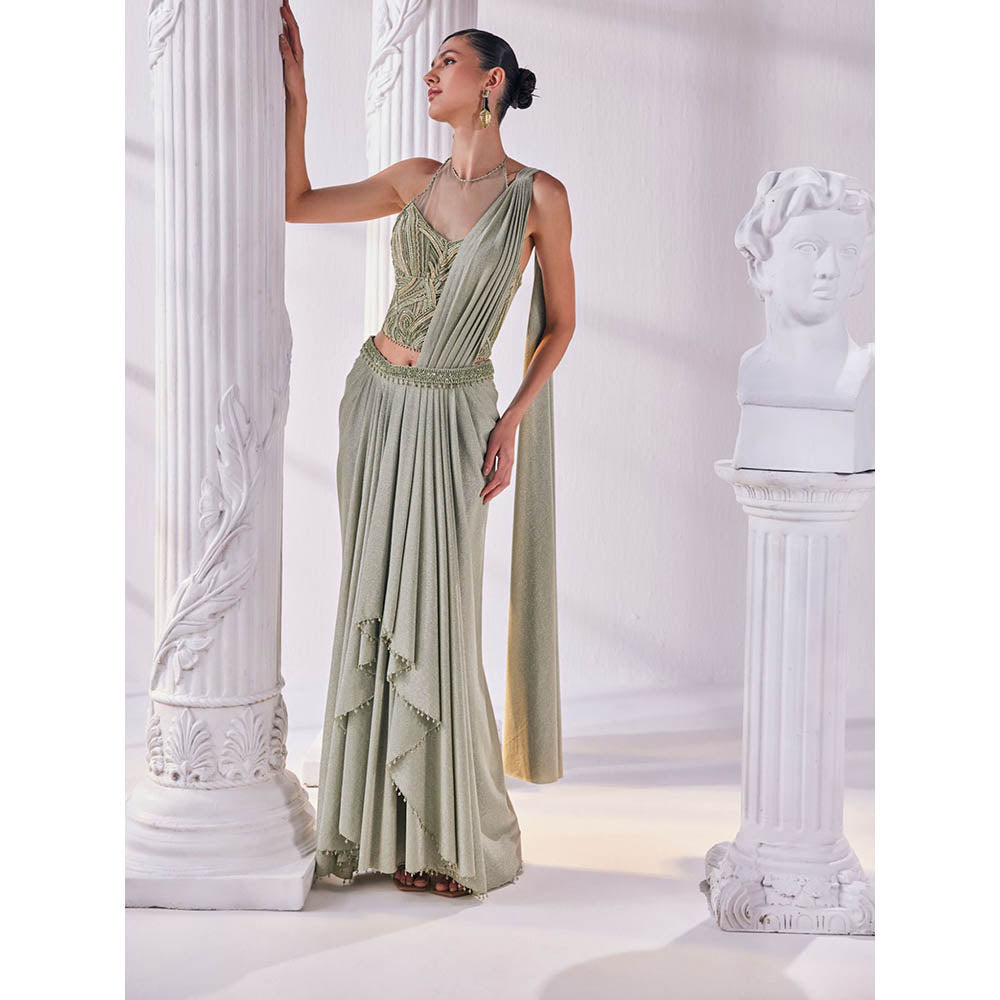 MANDIRA WIRK Jade Green Saree with Stitched Blouse and Belt