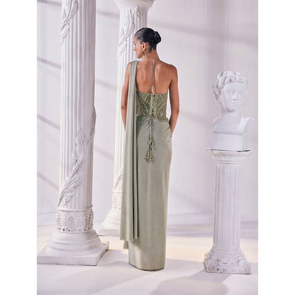 MANDIRA WIRK Jade Green Saree with Stitched Blouse and Belt