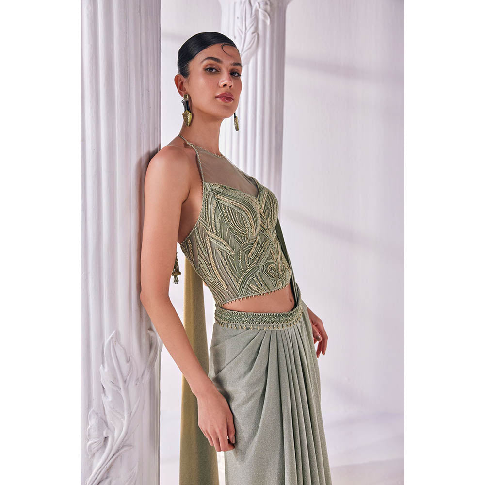 MANDIRA WIRK Jade Green Saree with Stitched Blouse and Belt