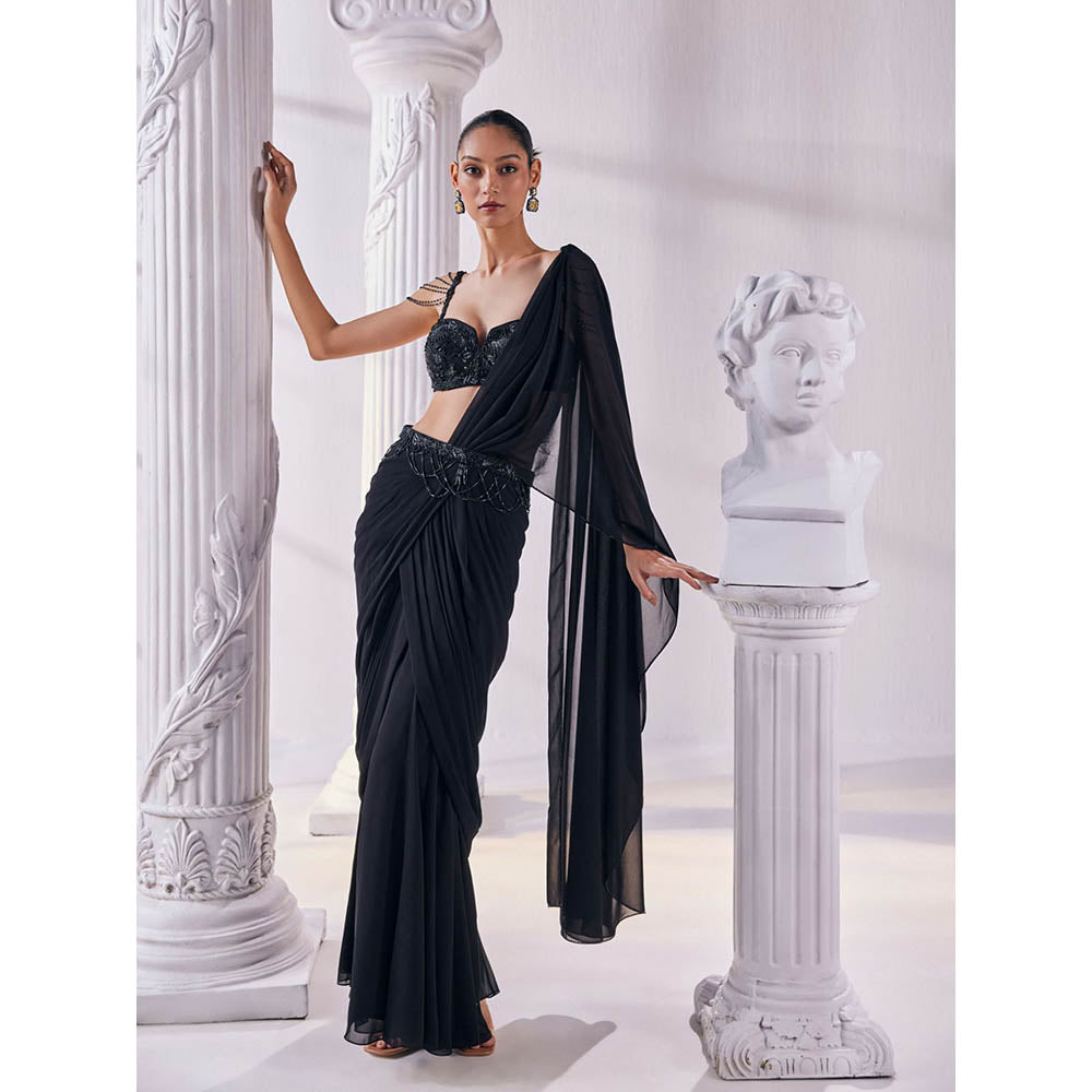 MANDIRA WIRK Black Saree Stitched Blouse and Belt