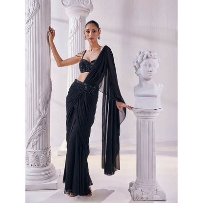 MANDIRA WIRK Black Saree Stitched Blouse and Belt