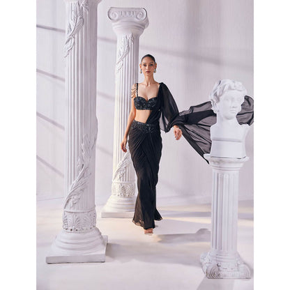 MANDIRA WIRK Black Saree Stitched Blouse and Belt