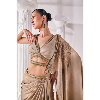 MANDIRA WIRK Golden Saree with Stitched Blouse and Belt