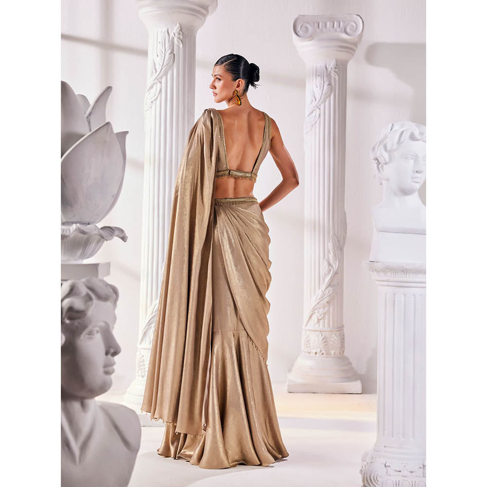 MANDIRA WIRK Golden Saree with Stitched Blouse and Belt