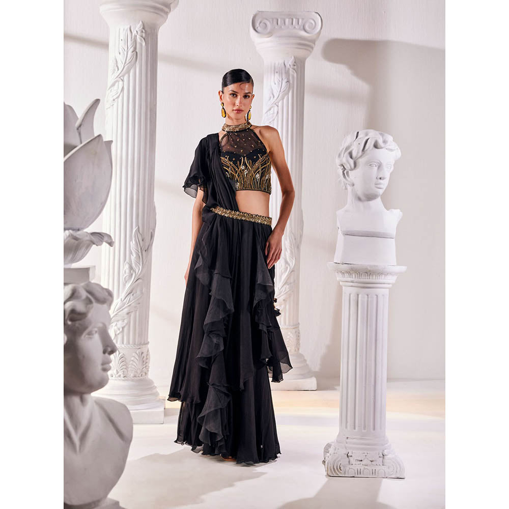 MANDIRA WIRK Black Saree Stitched Blouse and Belt