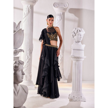 MANDIRA WIRK Black Saree Stitched Blouse and Belt
