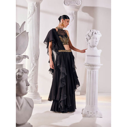 MANDIRA WIRK Black Saree Stitched Blouse and Belt