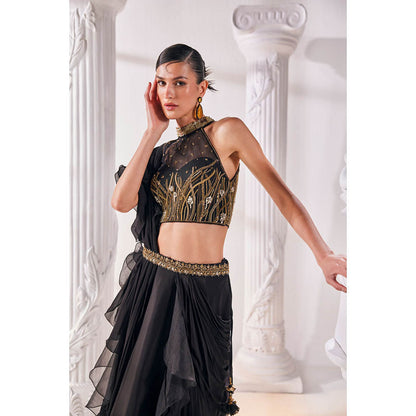 MANDIRA WIRK Black Saree Stitched Blouse and Belt