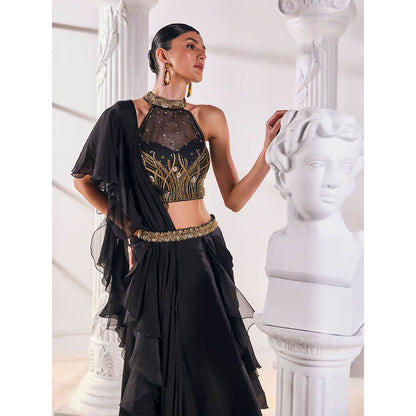 MANDIRA WIRK Black Saree Stitched Blouse and Belt