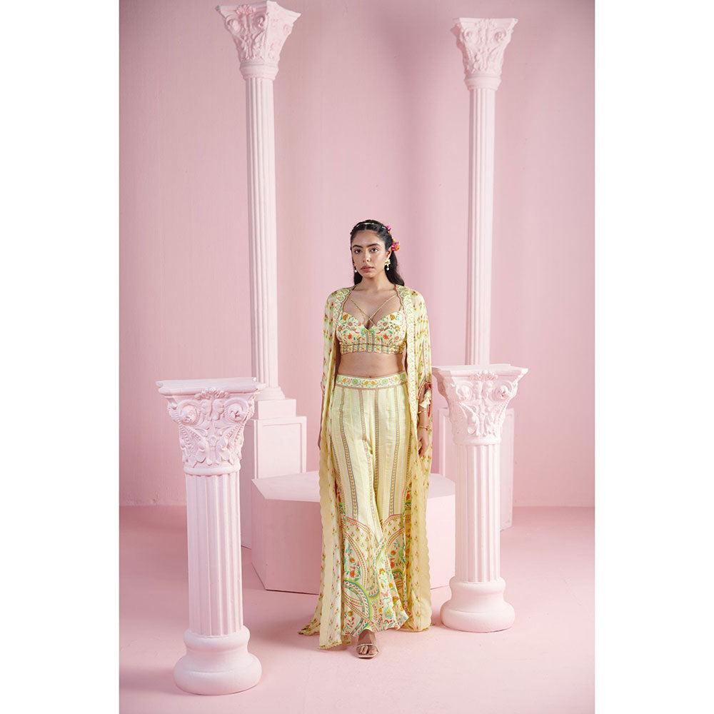 MANDIRA WIRK Women's Yellow Derrin Floral Blouse with Palazzo and Cape (Set of 3)