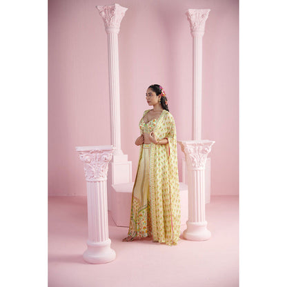 MANDIRA WIRK Women's Yellow Derrin Floral Blouse with Palazzo and Cape (Set of 3)