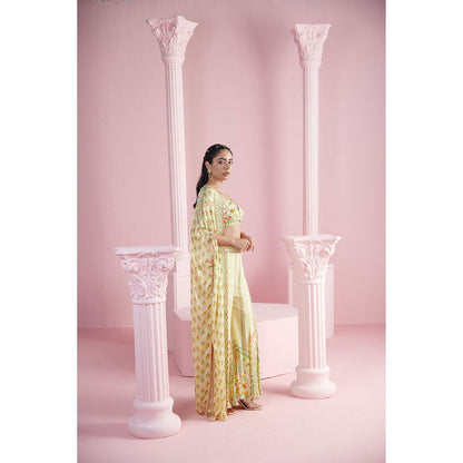 MANDIRA WIRK Women's Yellow Derrin Floral Blouse with Palazzo and Cape (Set of 3)