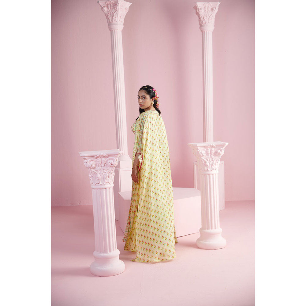 MANDIRA WIRK Women's Yellow Derrin Floral Blouse with Palazzo and Cape (Set of 3)