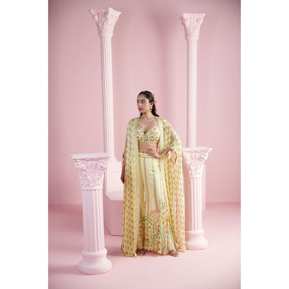 MANDIRA WIRK Women's Yellow Derrin Floral Blouse with Palazzo and Cape (Set of 3)