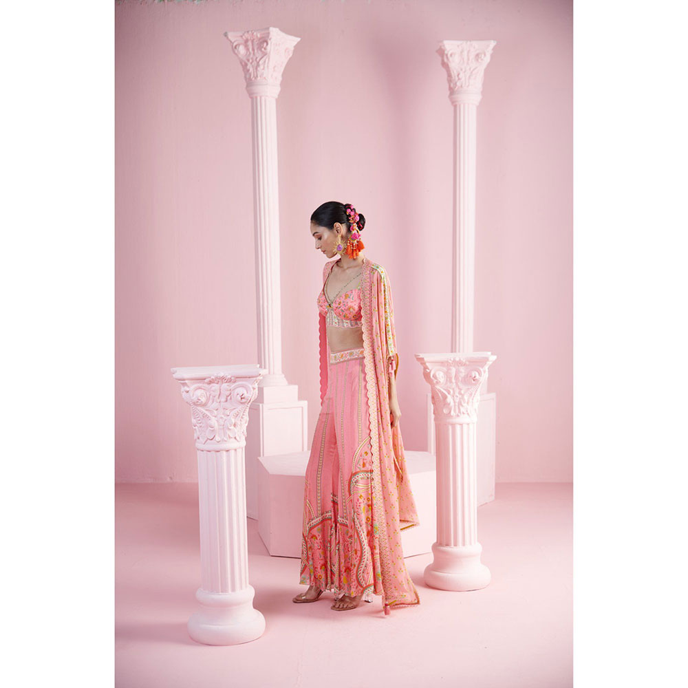 MANDIRA WIRK Women's Pink Derrin Floral Blouse with Palazzo and Cape (Set of 3)