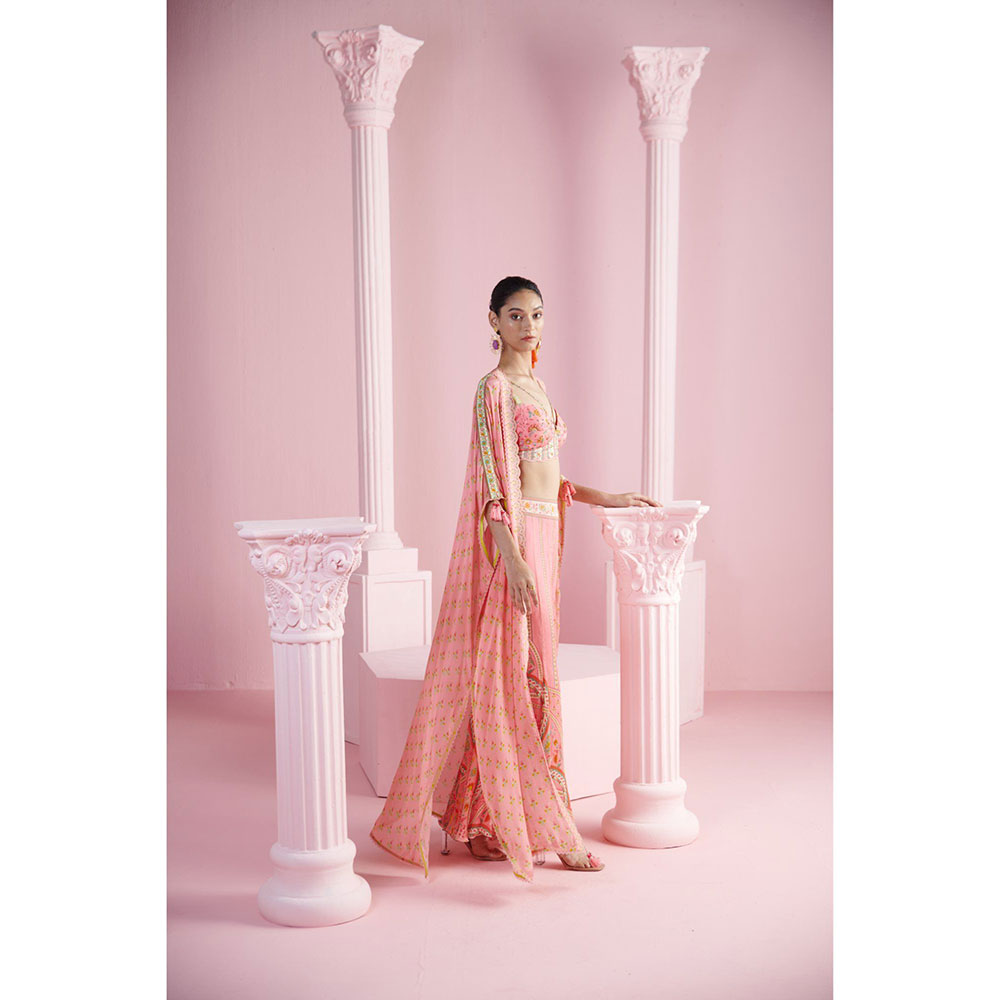 MANDIRA WIRK Women's Pink Derrin Floral Blouse with Palazzo and Cape (Set of 3)