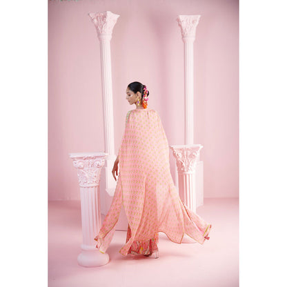 MANDIRA WIRK Women's Pink Derrin Floral Blouse with Palazzo and Cape (Set of 3)