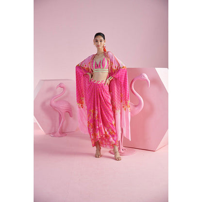 MANDIRA WIRK Women'S Pink Floral Jasmine Cape with Blouse and Skirt (Set of 3)