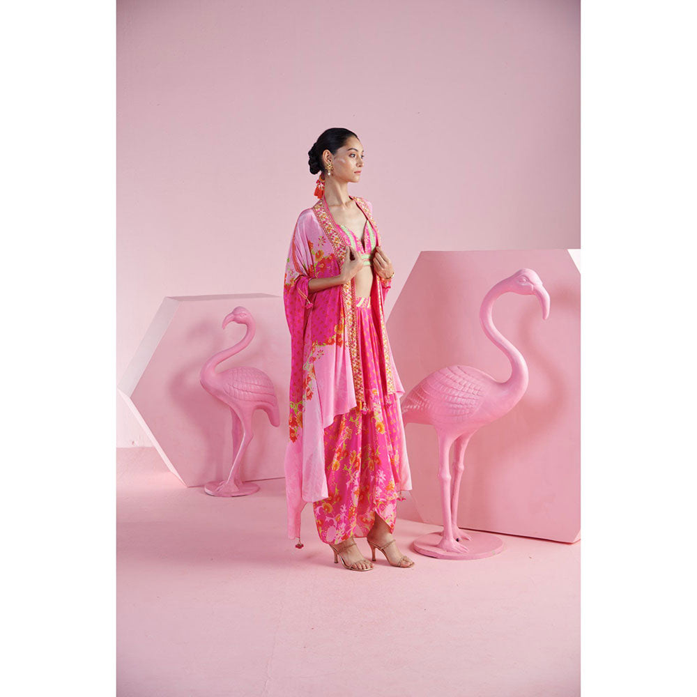 MANDIRA WIRK Women'S Pink Floral Jasmine Cape with Blouse and Skirt (Set of 3)