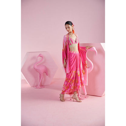 MANDIRA WIRK Women'S Pink Floral Jasmine Cape with Blouse and Skirt (Set of 3)