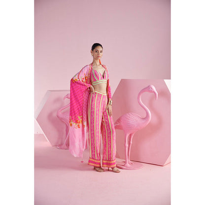 MANDIRA WIRK Women'S Pink Iznik Bustier with Pant and Jacket (Set of 3)