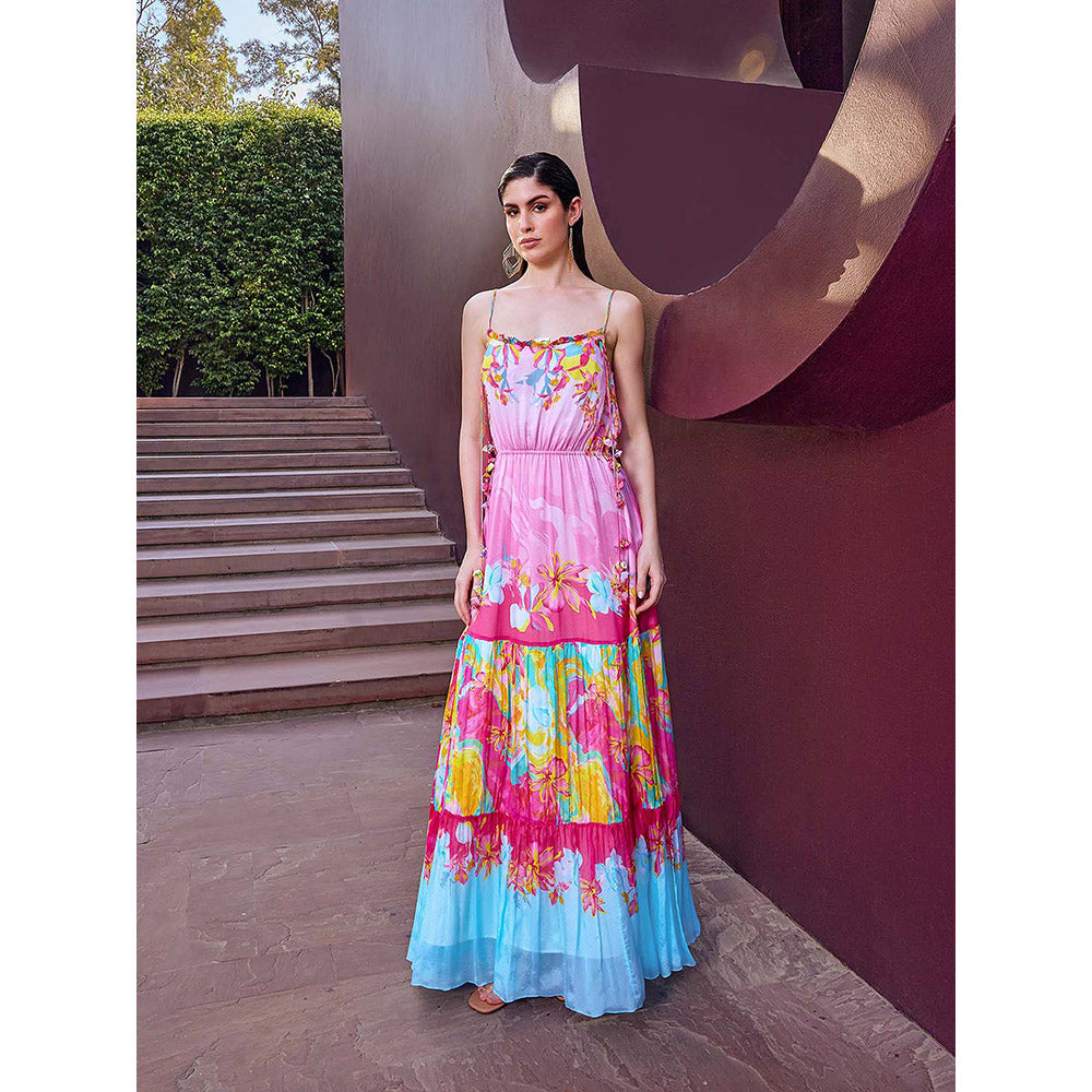 MANDIRA WIRK Pink Placement Tiered Maxi Dress