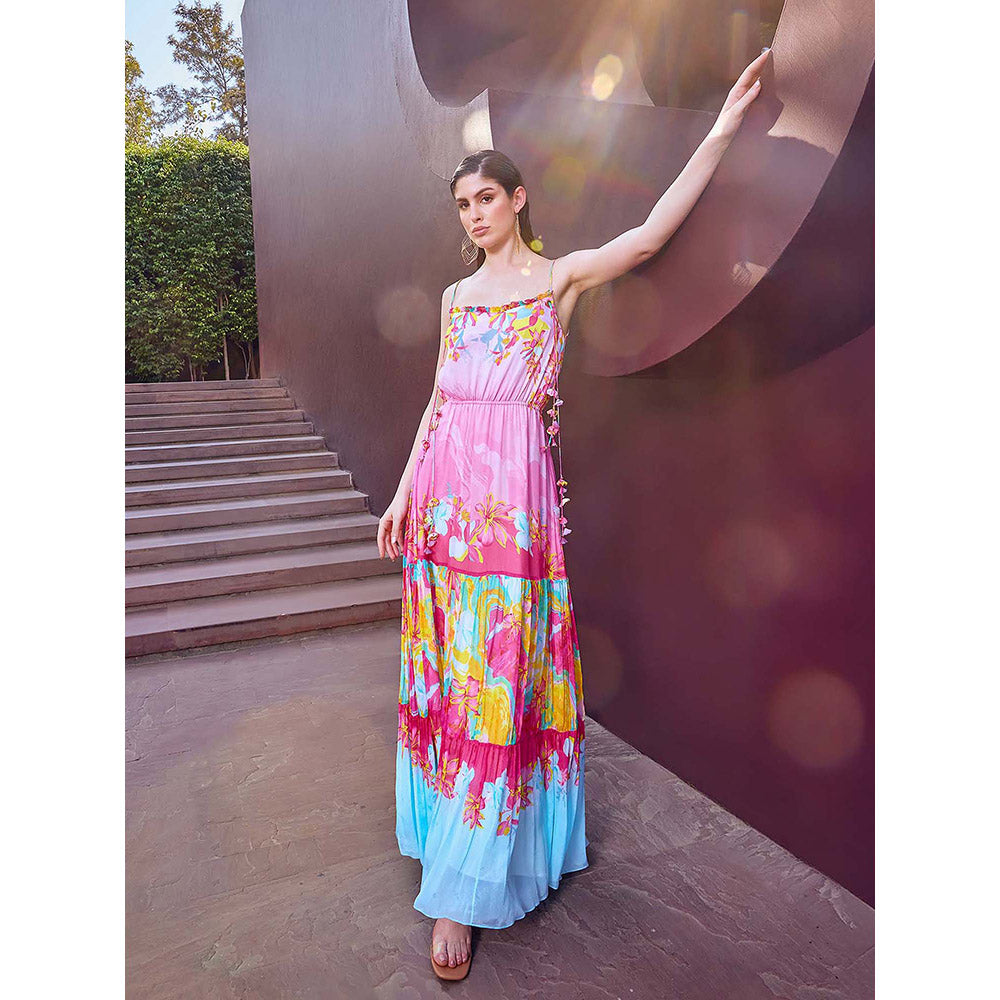 MANDIRA WIRK Pink Placement Tiered Maxi Dress