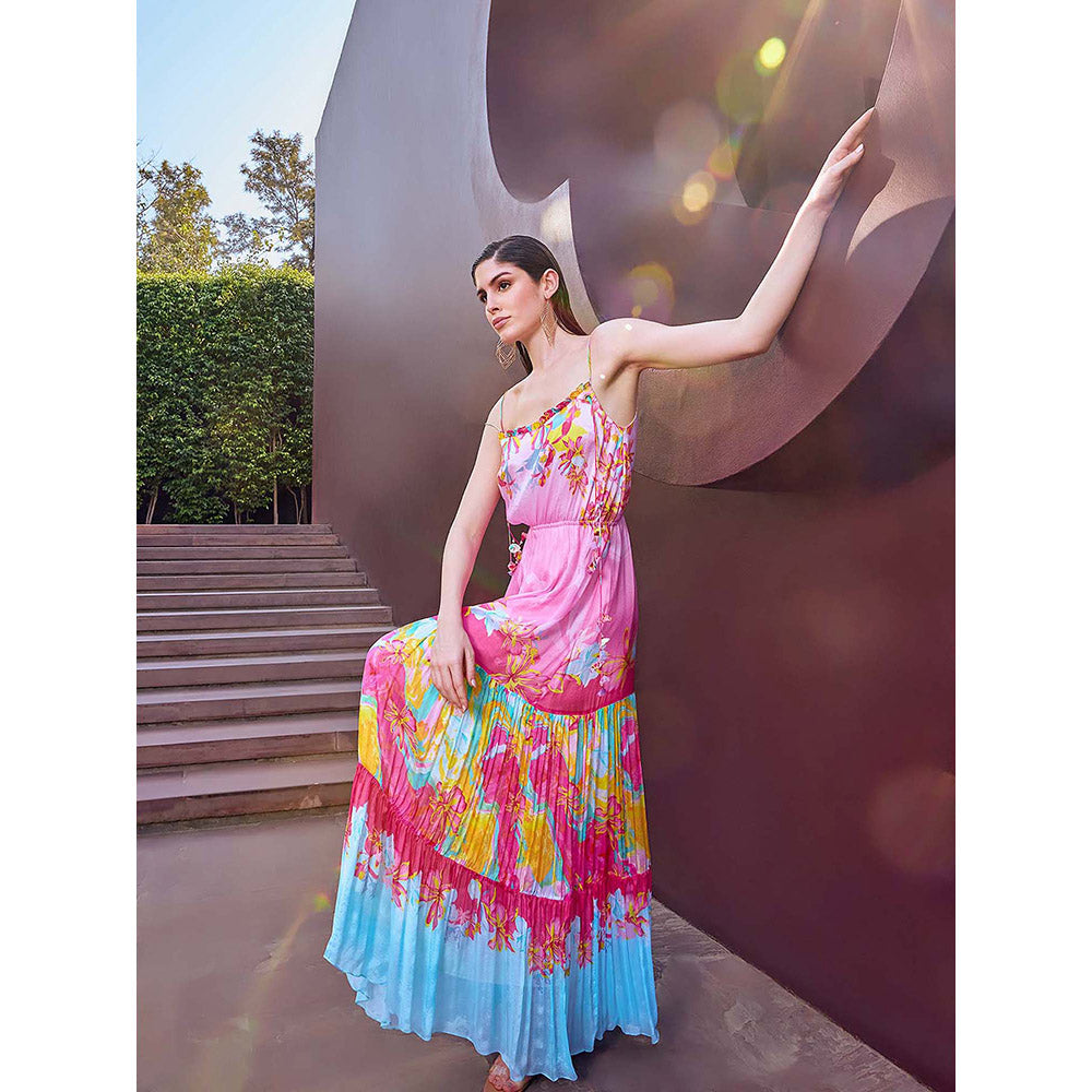 MANDIRA WIRK Pink Placement Tiered Maxi Dress