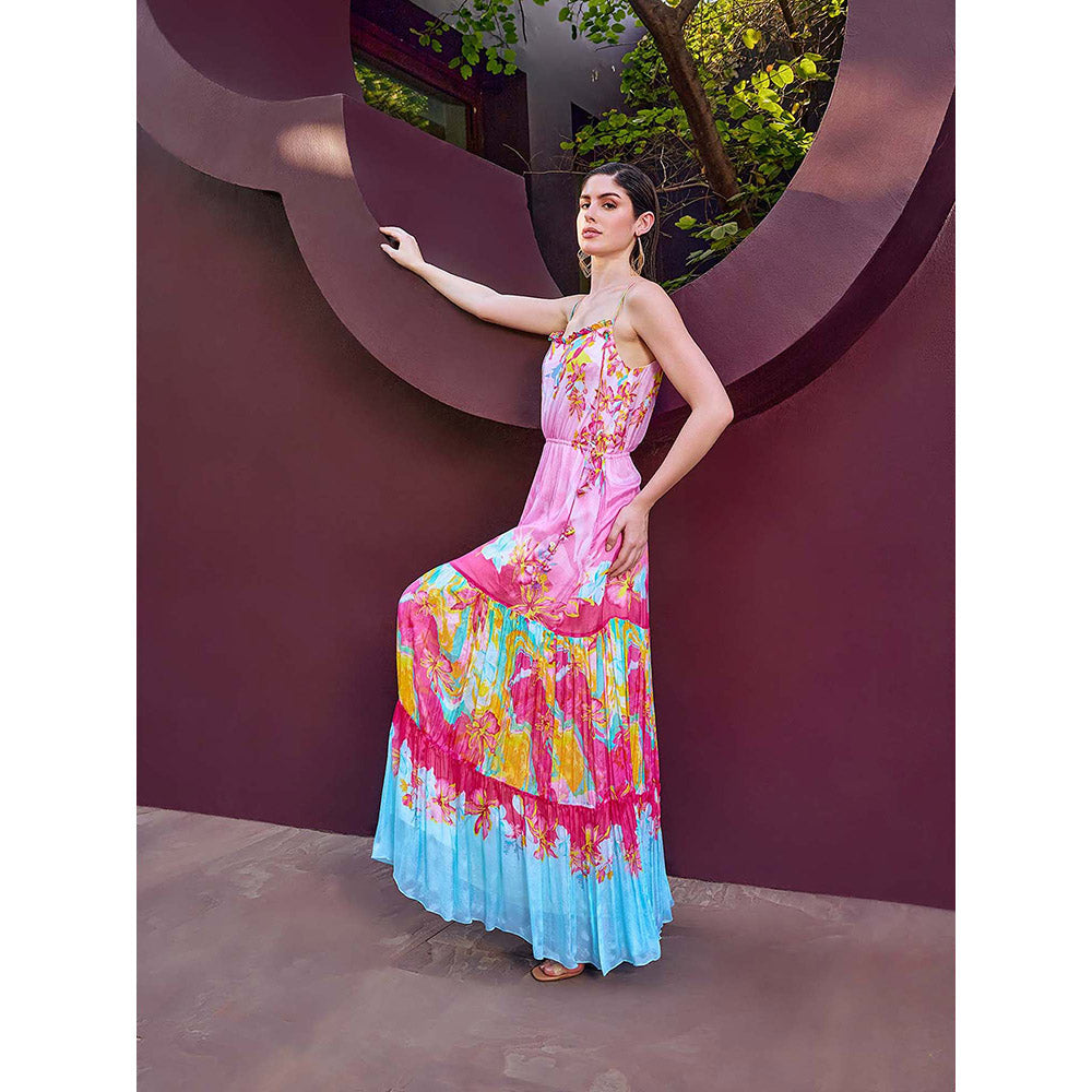 MANDIRA WIRK Pink Placement Tiered Maxi Dress
