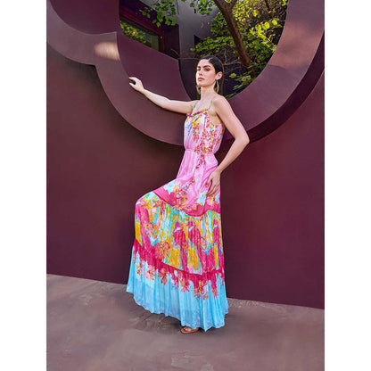 MANDIRA WIRK Pink Placement Tiered Maxi Dress