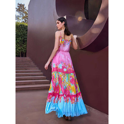MANDIRA WIRK Pink Placement Tiered Maxi Dress