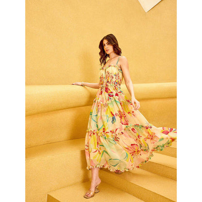 MANDIRA WIRK Yellow Florid Ruffle Maxi Dress