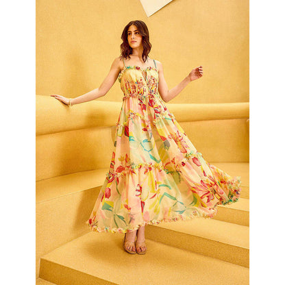 MANDIRA WIRK Yellow Florid Ruffle Maxi Dress