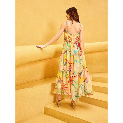 MANDIRA WIRK Yellow Florid Ruffle Maxi Dress