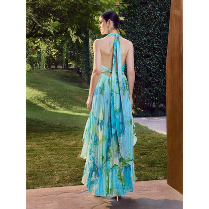 MANDIRA WIRK Blue Floral Print High-Low Halter Neck Dress