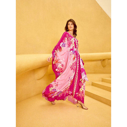 MANDIRA WIRK Pink Floral Placement Dress with Belt (Set of 2)