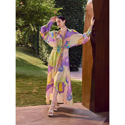 MANDIRA WIRK Multicolor Floral Printed High-Low Shirt Dress