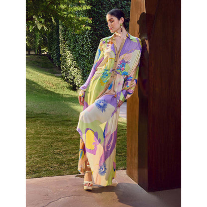 MANDIRA WIRK Multicolor Floral Printed High-Low Shirt Dress