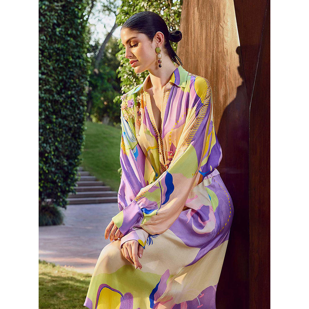 MANDIRA WIRK Multicolor Floral Printed High-Low Shirt Dress